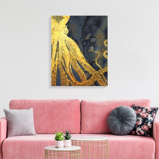  kustinktvis (Octopus Gold Black Blue) Waterverf Canvas Afdruk (Insitu (Woonkamer))