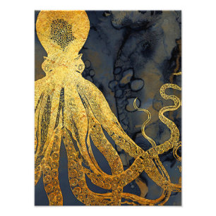  kustinktvis (Octopus Gold Black Blue) Waterverf Foto Afdruk