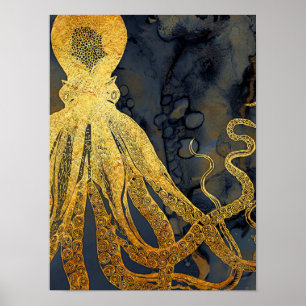  kustinktvis (Octopus Gold Black Blue) Waterverf Poster