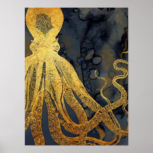  kustinktvis (Octopus Gold Black Blue) Waterverf Poster (Voorkant)