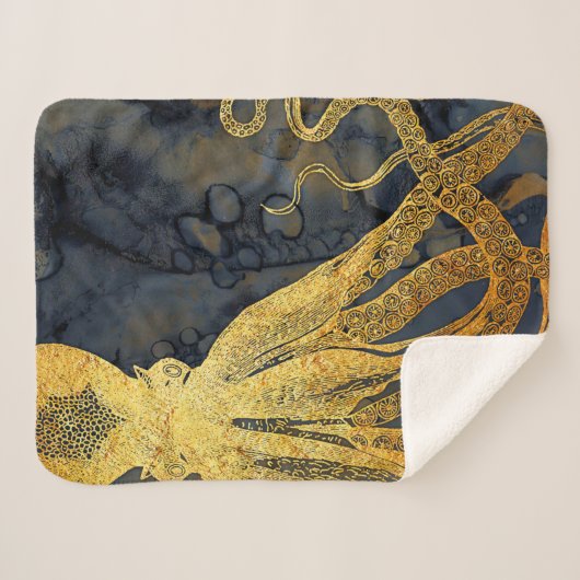  kustinktvis (Octopus Gold Black Blue) Waterverf Sherpa Deken (Voorkant (horizontaal))