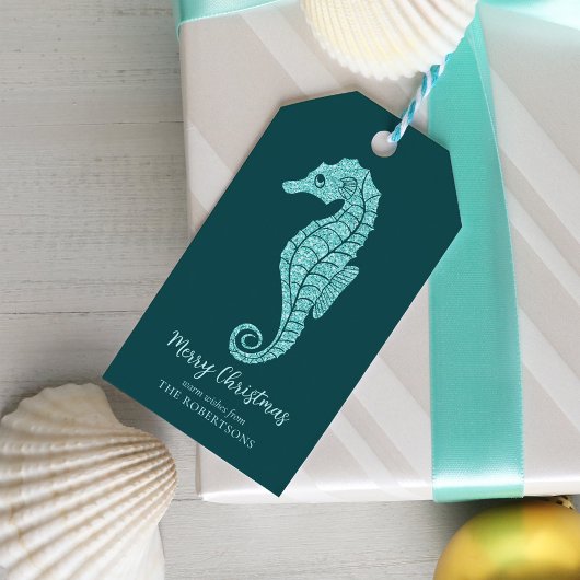 Kustkerst Glitter Seahorse Aqua Blauwgroen Cadeaulabel