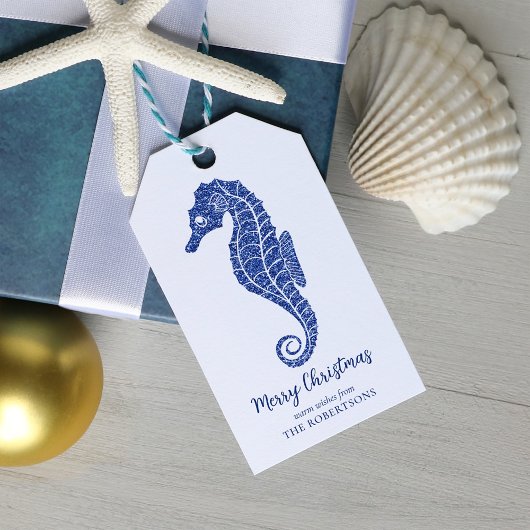 Kustkerst Glitter Seahorse Marine Blauw Cadeaulabel