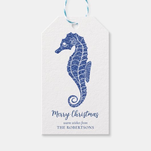 Kustkerst Glitter Seahorse Marine Blauw Cadeaulabel (Voorkant)