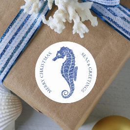 Kustkerst Glitter Seahorse Marine Blauw Ronde Sticker