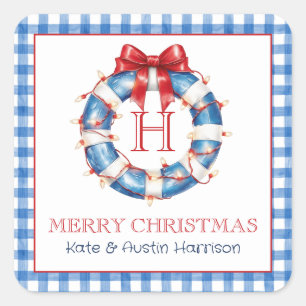 Kustkerst nautisch monogram krans vierkante sticker