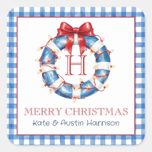 Kustkerst nautisch monogram krans vierkante sticker (Voorkant)