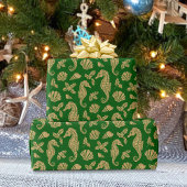 Kustkerst - Seahorse Pattern Gold Green Cadeaupapier