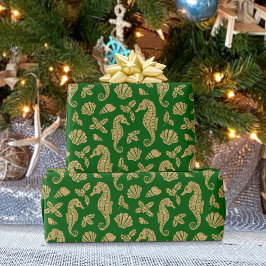 Kustkerst - Seahorse Pattern Gold Green Cadeaupapier