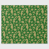 Kustkerst - Seahorse Pattern Gold Green Cadeaupapier (Vlak)