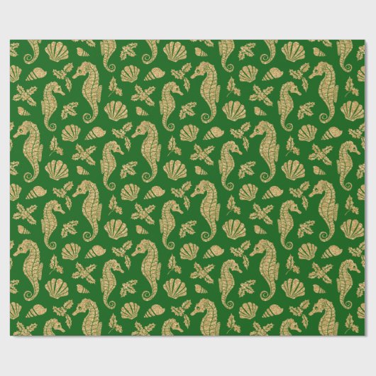 Kustkerst - Seahorse Pattern Gold Green Cadeaupapier (Vlak)