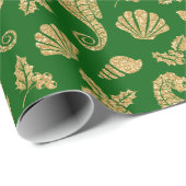 Kustkerst - Seahorse Pattern Gold Green Cadeaupapier (Rol Hoek)