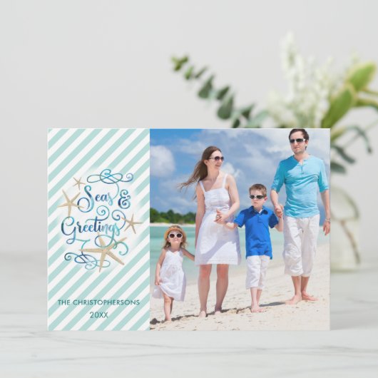 Kustkerst SEAsons Groeten Foto Strepen Feestdagenkaart (Staand voorkant)
