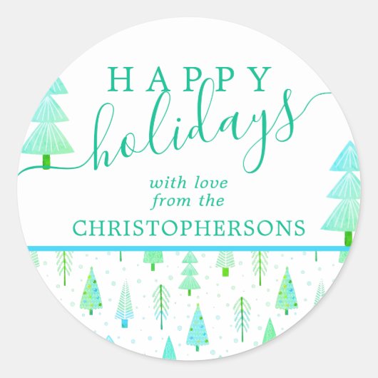 Kustkerstbomen GELUKKIGE FEESTDAGEN Script Ronde Sticker (Voorkant)