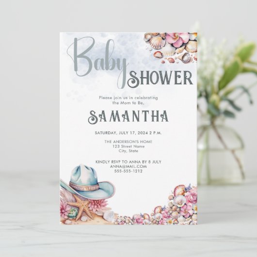 Kustkoeienmeisje Baby shower Party Flowers Shells Kaart (Staand voorkant)