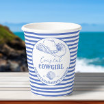 Kustkoeienmeisje bachelorette tafel decor afgedruk papieren bekers<br><div class="desc">Coastal Cowgirl Bachelorette weekend op een kust bachelorette servies gepersonaliseerde papieren bekers sjabloon,  bachelorette partij gepersonaliseerde fcups stoffige blauw marine nautische cowgirl strand stoffige blauw thema papieren bekers</div>