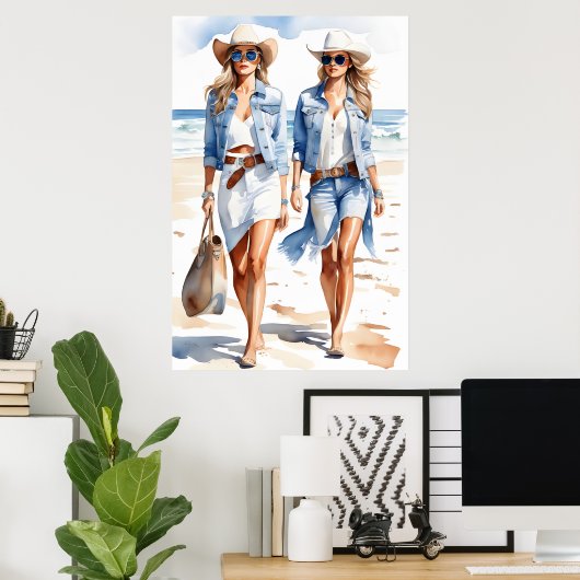 Kustkoeienmeisjes blauw & wit Waterverf Poster (Thuiskantoor)