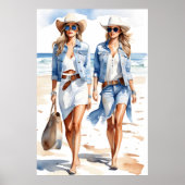 Kustkoeienmeisjes blauw & wit Waterverf Poster (Voorkant)