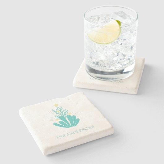 Kustkoraal en -Zee Stenen Onderzetter (Zijkant)