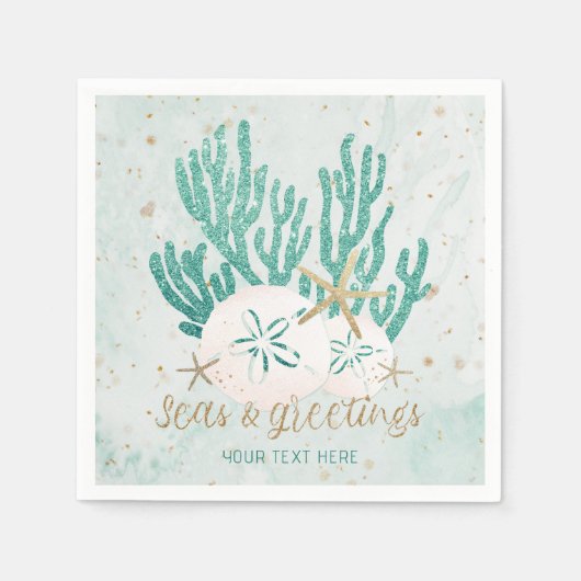 Kustkoraal ZEEEN en groeten Turquoise Glitter Cora Servet (Voorkant)