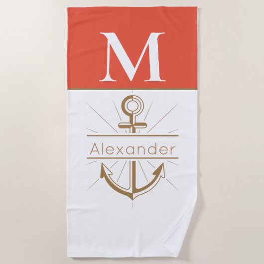 Kustkoraalstrand Anchor Nautical Monogram Strandlaken (Voorkant)