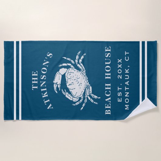 Kustkrab Beach House Rustic Family Name Navy Strandlaken (Voorkant)