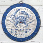 Kustkrab Beach House Rustige Hood Familienaam Dartbord<br><div class="desc">Dit dartbord is voorzien van een blauwe krab met uw familienaam over een faux witte gewassen houten achtergrond. Pas met uw familienaam en vastgestelde datum aan om dit uw eigen unieke strandhuis ping pong peddels te maken. Ook beschikbaar zijn maïsgat set, bierpongtafel en golf accessoires. Ontworpen voor u door Blackberry...</div>