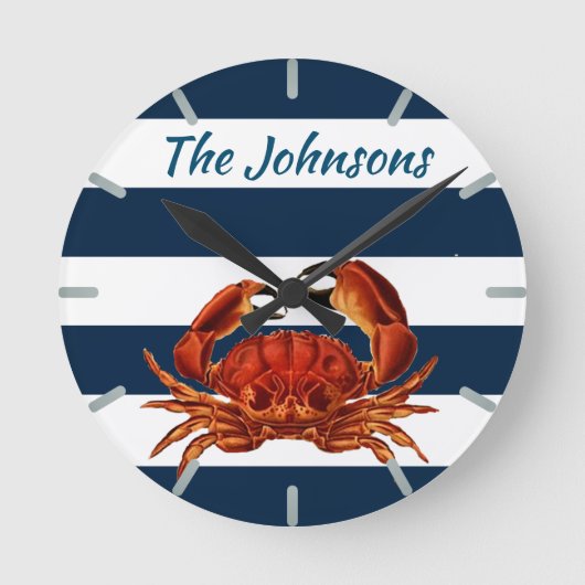 Kustkrab Nautical Stripes Ronde Klok (Voorkant)