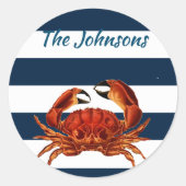 Kustkrab Nautical Stripes Ronde Sticker (Voorkant)