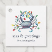 Kustkrab “Sea & Greetings” Kerstcadeautags Bedankjes Labels (Voorkant)
