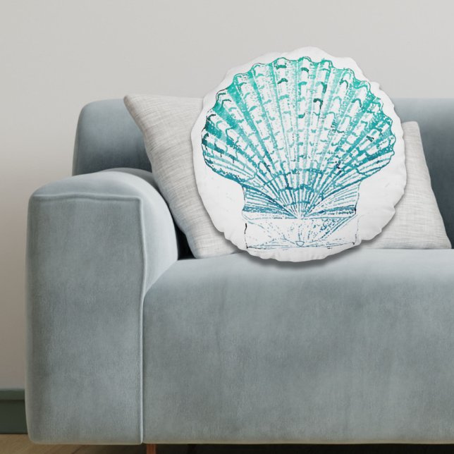 kustkreeft blauwgroen blauwe waterverf zeeschildpa rond kussen (coastal chic teal blue watercolor mermaid seashell round pillow)