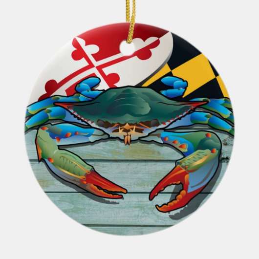 Kustkreeft Maryland Blue Crab met vlag Keramisch Ornament (Voorkant)