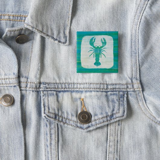 Kustkunst | Aqua Lobster Vierkante Button 5,1 Cm (In situ)