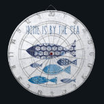 Kustkunst | Thuis is door de Zee Dartbord<br><div class="desc">Een schattig,  typografisch ontwerp met een blauw indigo zeesterren ontwerp. Afbeelding-ID: SID21041</div>
