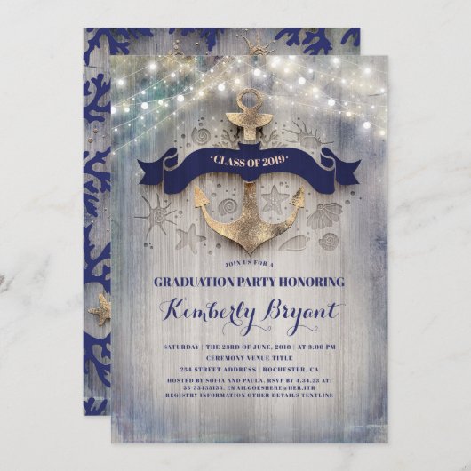 Kustkust Nautische Gouden Anker Afstudeerfeest Kaart (Voorkant / Achterkant)
