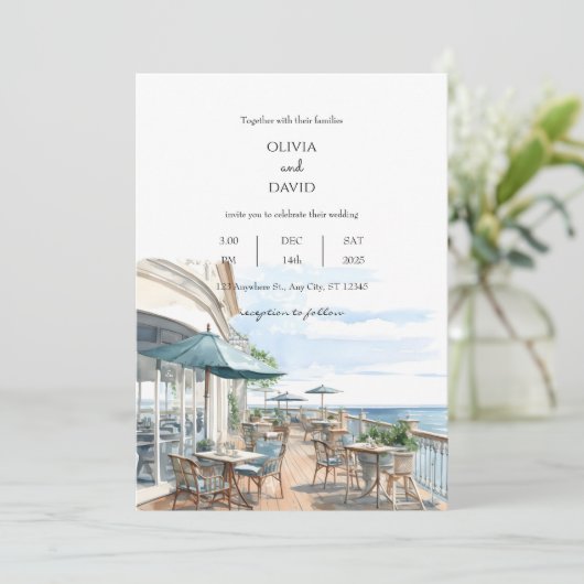Kustkust Rooftop Cafe Zee Uitzichten Bruiloft Kaart (Staand voorkant)