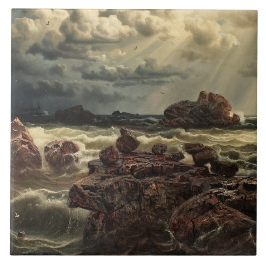 Kustlandschap met schepen aan de horizon tegeltje (Voorkant)
