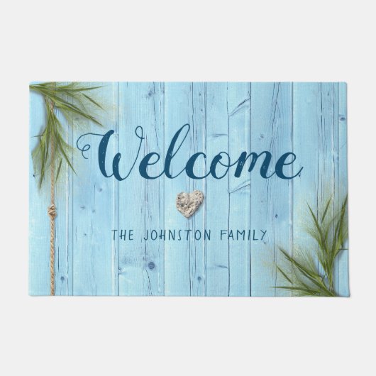 Kustlicht Blauw Rustisch Hout Naam Welkom Deurmat (Voorkant)