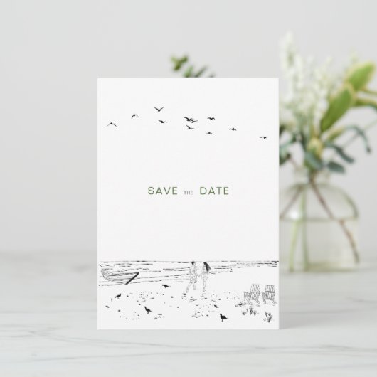 Kustliefde zandstrand minimale bruiloft save the date (Staand voorkant)