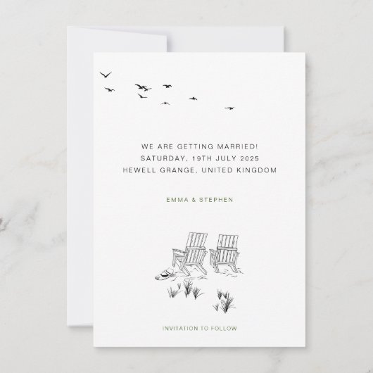 Kustliefde zandstrand minimale bruiloft save the date (Achterkant)