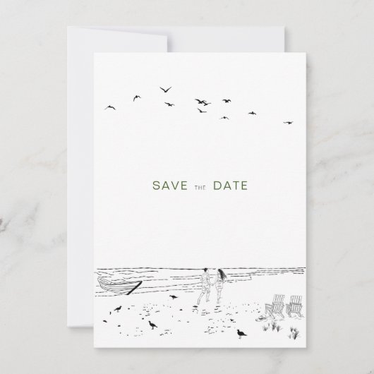 Kustliefde zandstrand minimale bruiloft save the date (Voorkant)