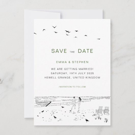 Kustliefde zandstrand minimale bruiloft save the date (Voorkant)