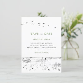 Kustliefde zandstrand minimale bruiloft save the date