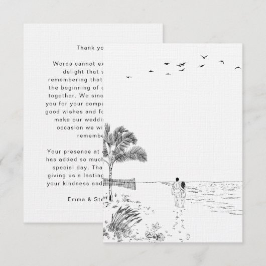 Kustliefde zandstrand minimale lijn kunst bruiloft bedankkaart (Voorkant / Achterkant)