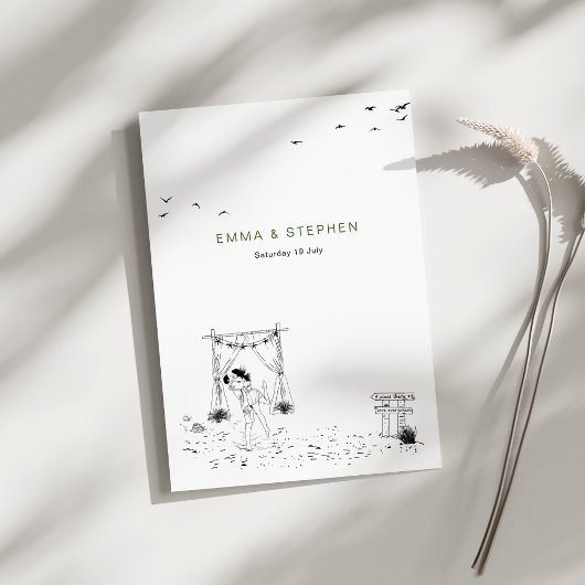 Kustliefde zandstrand minimale lijn kunst bruiloft kaart