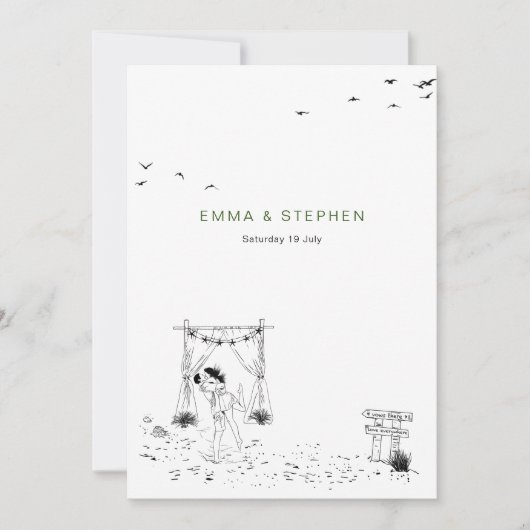 Kustliefde zandstrand minimale lijn kunst bruiloft kaart (Voorkant)