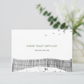 Kustliefde zandstrand minimale lijn kunst bruiloft RSVP kaartje (Staand voorkant)