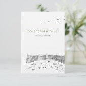 Kustliefde zandstrand minimale lijn kunst bruiloft RSVP kaartje (Staand voorkant)