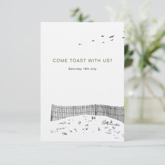 Kustliefde zandstrand minimale lijn kunst bruiloft RSVP kaartje (Staand voorkant)