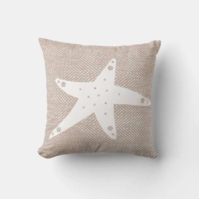 Kustmakreel Taupe Herringbone & White Starfish Kussen (Voorkant)